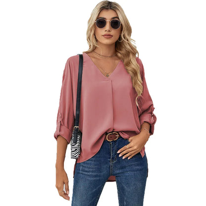 Women's Chiffon Blouse – Solid Color V-Neck Long Sleeve Casual Fashion Top