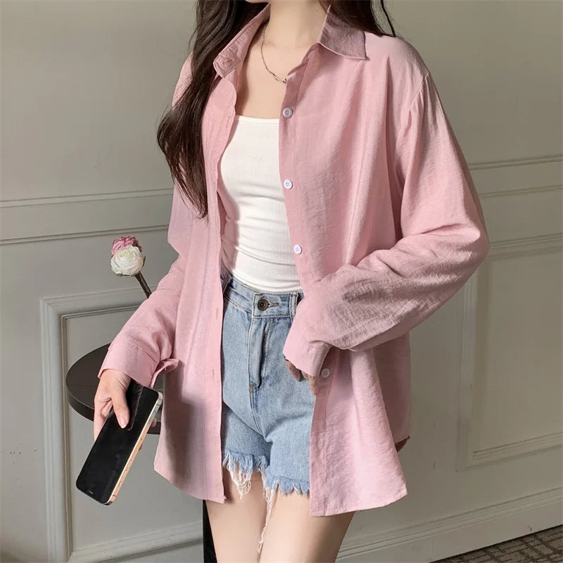 Women's Lightweight Long-Sleeve Shirt | Loose Korean-Style Single-Breasted Blouse Kara
