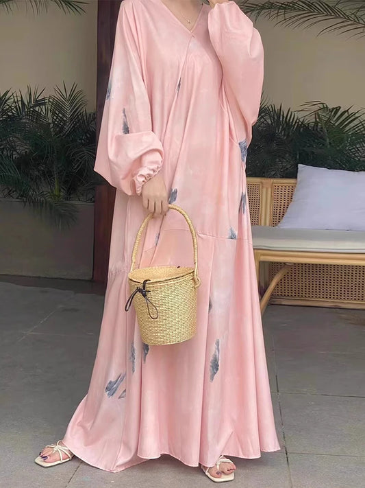 Summer Retro V-Neck Women's Dress – Ink Print, Vacation Style, Loose Fit, Batwing Sleeves