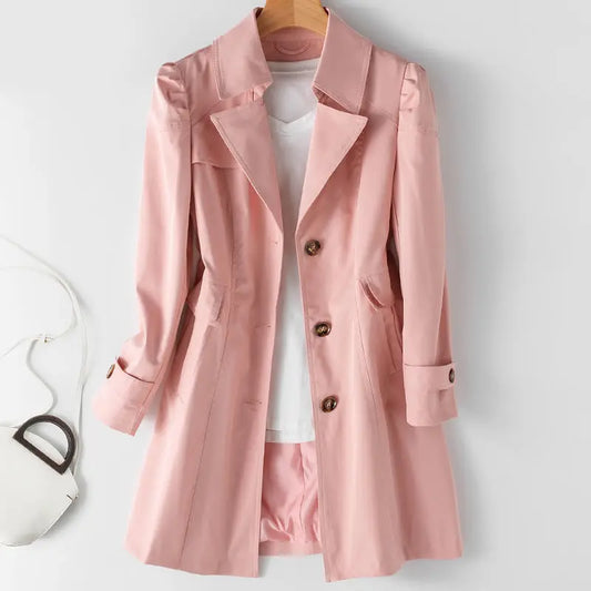 Women's Slim Fit Trench Coat - Solid Color Single-Breasted Medium-Length Jacket Carina
