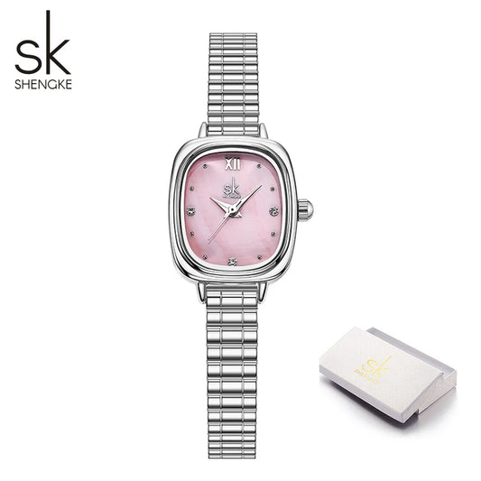 Shengke Women's Luxury Pink Pearl Dial Watch – Elegant Square Case Quartz Wristwatch, Minimalist Ladies Gift for Women