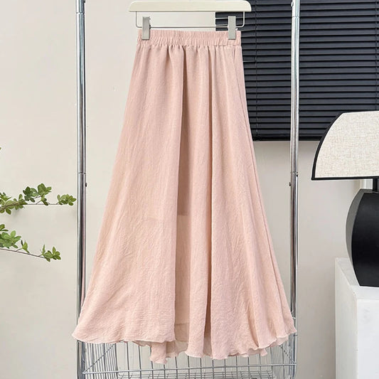 Casual Pleated Long Skirt | Women's High-Waist Solid Color A-Line Korean Fashion Skirt Jamie