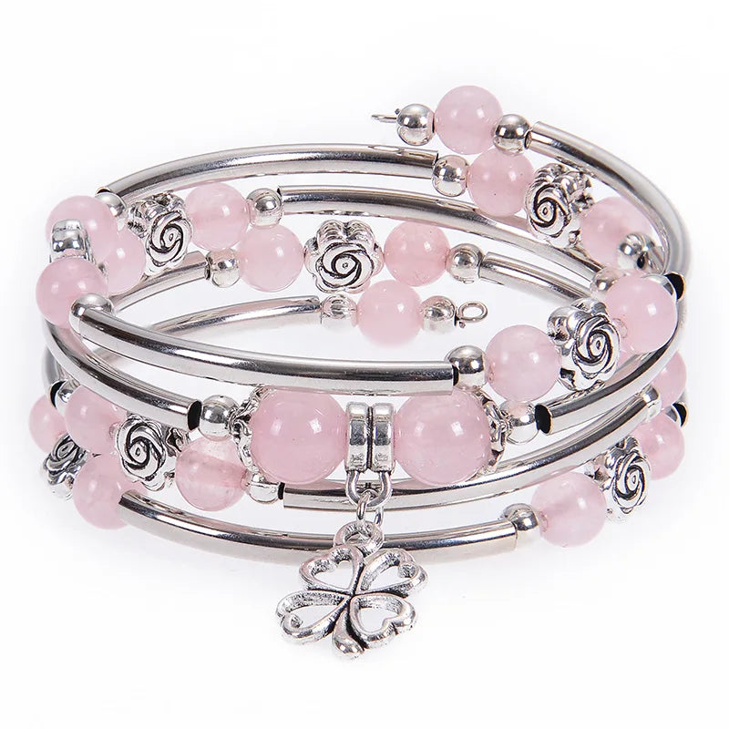 Fashion Multilayer Natural Stone Beaded Bracelet – 6MM/8MM Pink Zebra Stone with Flower Pendant | Handmade Wrap Jewelry for Women Marielle