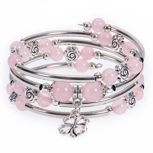 Fashion Multilayer Natural Stone Beaded Bracelet – 6MM/8MM Pink Zebra Stone with Flower Pendant | Handmade Wrap Jewelry for Women Marielle