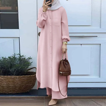 Muslim Women's Arabic Style Two-Piece Outfit – Long-Sleeve Shirt and Trousers Set for Modest Fashion Hiba