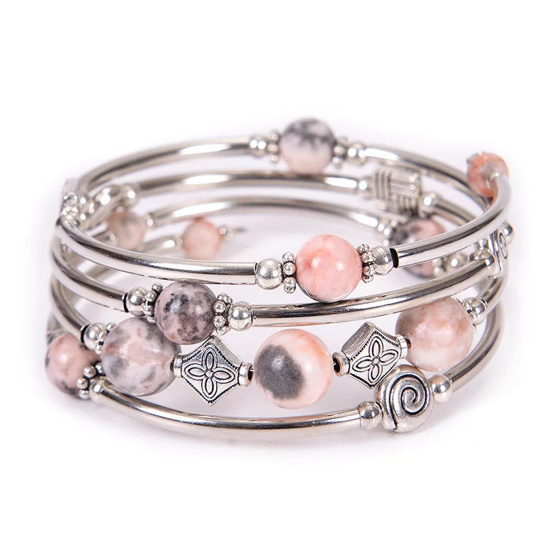 Fashion Charm Natural Stone Beaded Bracelet – Turquoise Crystal Multilayer Spiral Memory Wrap Bangle for Women Helena