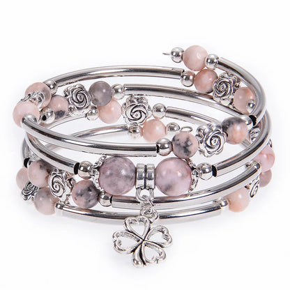 Fashion Multilayer Natural Stone Beaded Bracelet – 6MM/8MM Pink Zebra Stone with Flower Pendant | Handmade Wrap Jewelry for Women Marielle