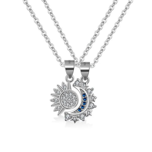 Sterling Silver Sun and Moon Couple Necklace – Custom Fine Pendant for Anniversary Gift Set Kelsa