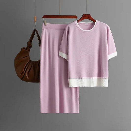 Women's Casual Two-Piece Set – Color-Block Round-Neck Short-Sleeve Knitted Top & Matching Bottom Beth