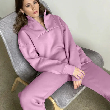 Autumn Women's Fashion Set - Stand Collar Loose Sweatshirt & Casual Pants