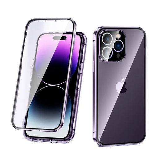 Magnetic 360° Full Metal Frame Phone Case – Double-Sided Tempered Glass HD Cover for iPhone 15, 14, 13 Pro Max