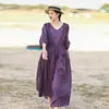 Women Casual Dress Long Sleeve Solid Color V Neck Midi Cotton Linen Dress Linen Dresses Women