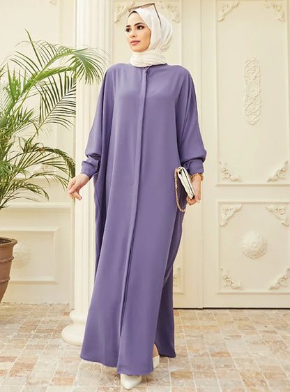 Bat Sleeve Loose-Fit Abaya – Solid Color Dubai & Turkey Style Muslim Dress | One-Size Modest Robe for Women Aleena
