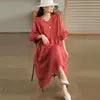 Women Casual Dress Long Sleeve Solid Color V Neck Midi Cotton Linen Dress Linen Dresses Women