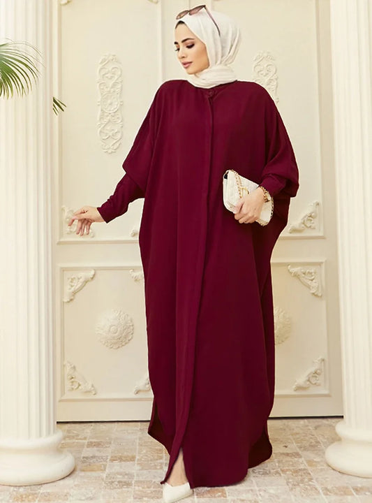 Bat Sleeve Loose-Fit Abaya – Solid Color Dubai & Turkey Style Muslim Dress | One-Size Modest Robe for Women Aleena