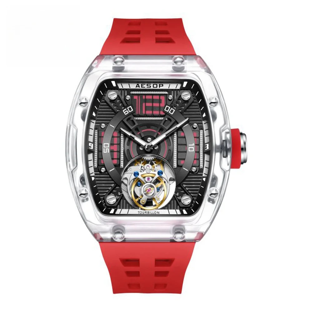 AESOP 7043 Men’s Tourbillon Tonneau Watch – Transparent Automatic Mechanical, Luminous, Waterproof