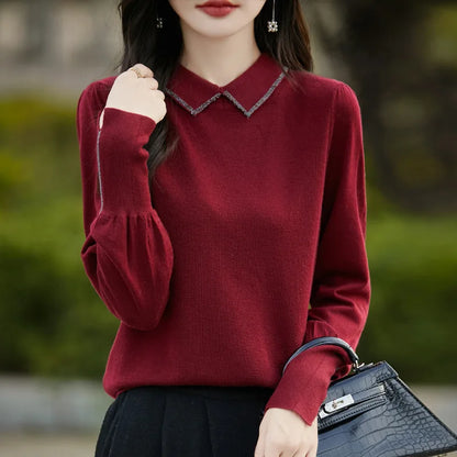 Women’s Autumn Lantern Sleeve Knitted Sweater – Casual Versatile Pullover with Fashion Collar