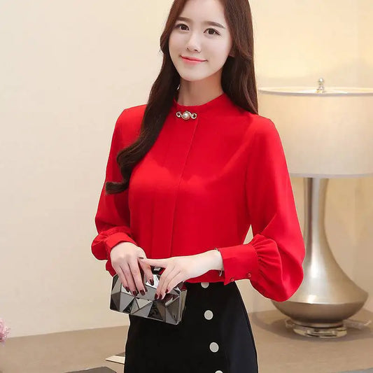 Women's Long Sleeve Chiffon Blouse – Solid Color Formal Loose-Fit Button-Up Shirt Maya
