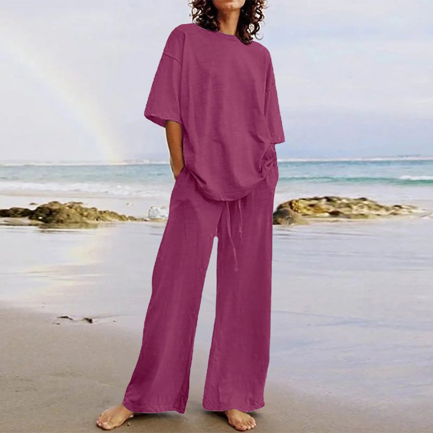 Spring & Summer Women's Cotton Linen 2-Piece Set – Casual High-Quality Half Sleeve O-Neck Top with Wide-Leg Pants