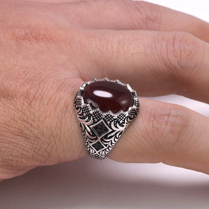 Men’s 925 Sterling Silver Black Ring – Vintage Turkish Floral Design with Stone Kerem
