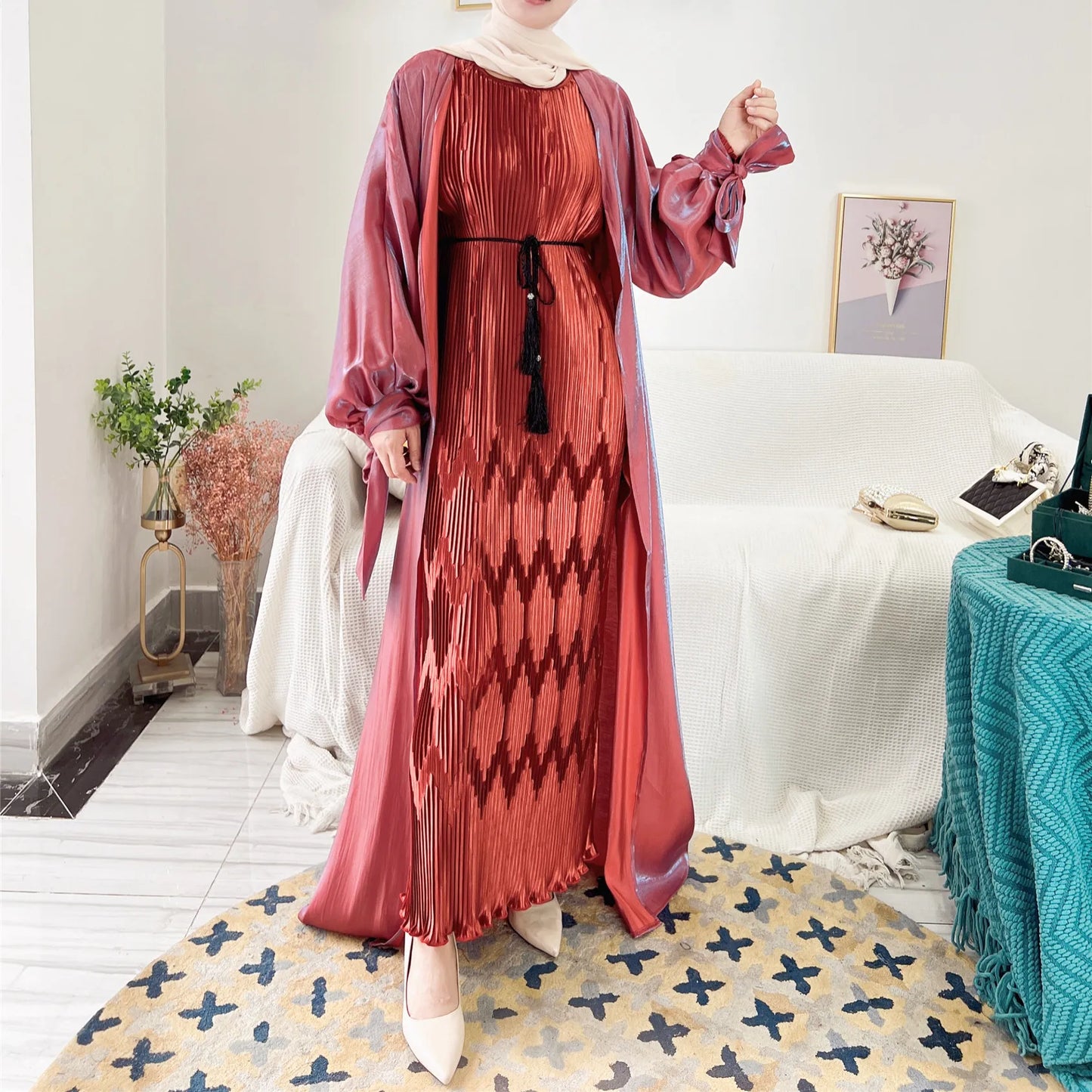 Shiny Open Abaya Cardigan – Modest Islamic Clothing for Muslim Women | Dubai & Turkey Style Dress Jameela