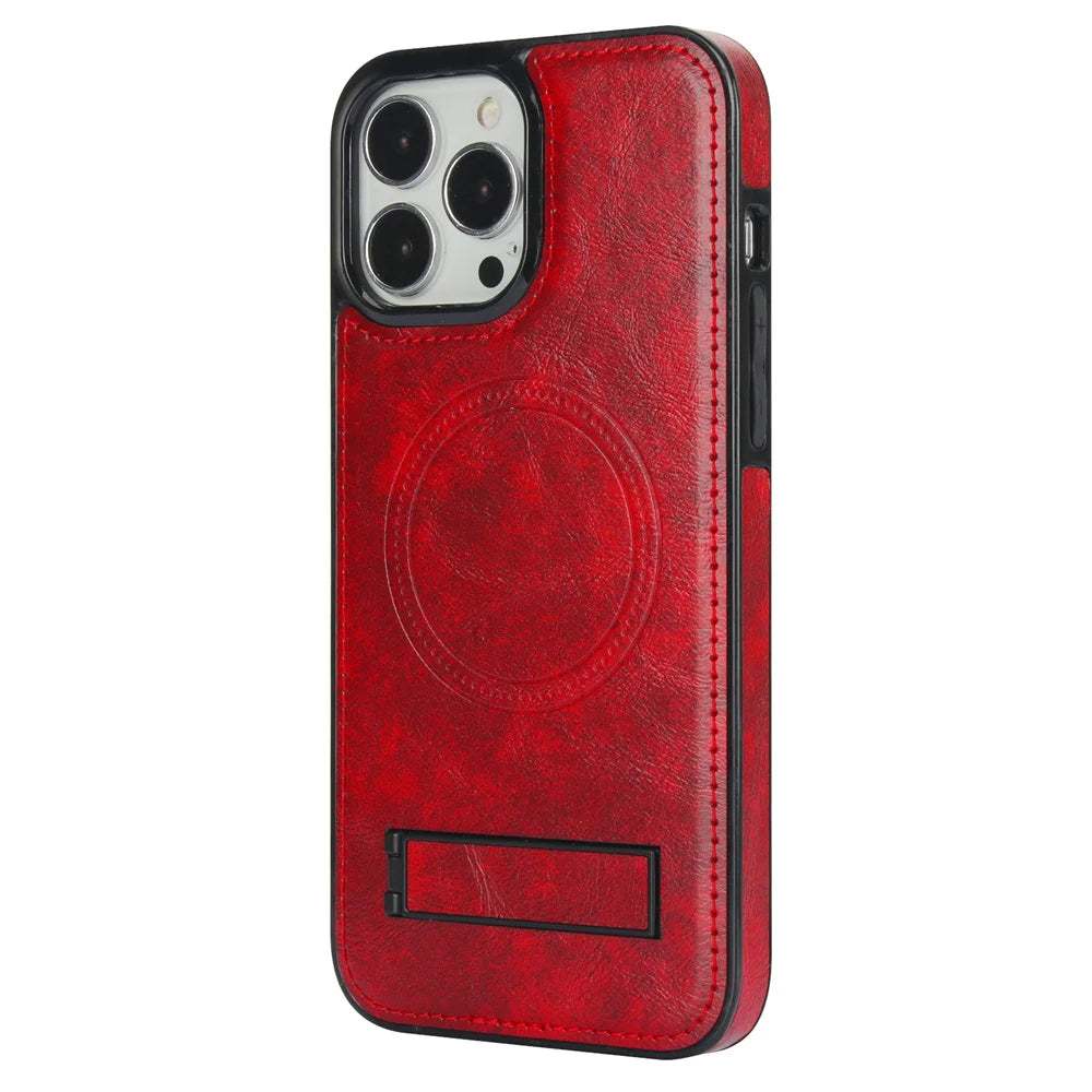 Luxury Leather Strong Magnetic Wireless Charging Mobile Case for iPhone 15 14 12 Pro Max Kickstand Phone Case