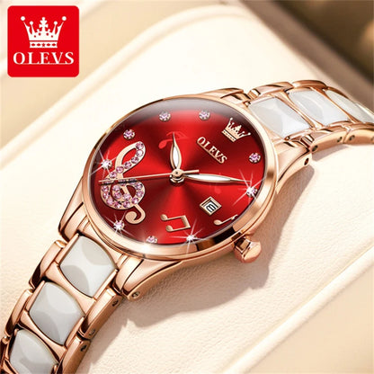 Olevs 3605 Women’s Elegant Ceramic Quartz Watch – Stainless Steel Waterproof Japan Movement Wristwatch, Perfect Gift for Women
