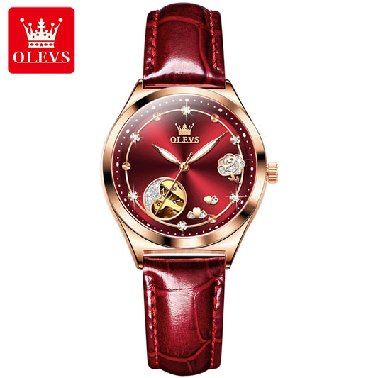OLEVS 6601 Women's Luxury Mechanical Watch - Trendy Classic Design, Diamond Dial, Waterproof Leather Wristwatch