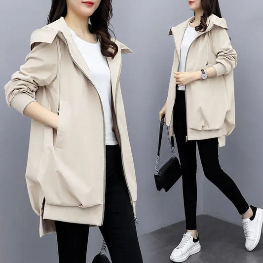 Women's Black Hooded Windbreaker – Mid-Length Casual Korean Style Coat for Spring and Autumn Lyra