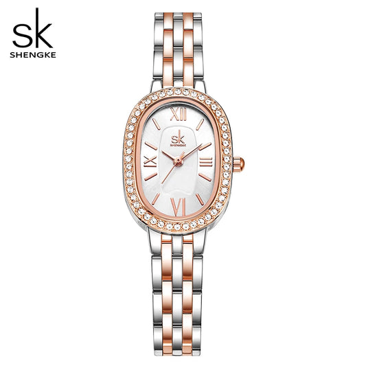 Shengke Women's Luxury Oval Crystal Watch – Elegant Diamond-Accented Fashion Wristwatch with Alloy Bracelet for Girls and Women