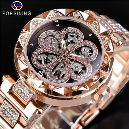 Forsining 342 Women's Automatic Mechanical Watch – Elegant Flower Design, Stainless Steel Fashion Wristwatch