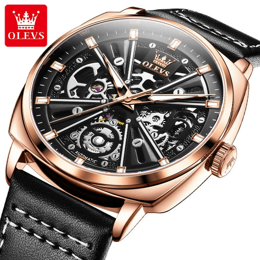 OLEVS 6685 Men's Luxury Skeleton Watch -Automatic Mechanical Sports Watch with Luminous Dial and Genuine Leather Strap