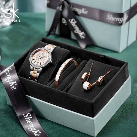 SHENGKE Women’s Luxury Watch Gift Set – 4‑Piece Jewelry Box with Necklace, Earrings & Bracelet Annabelle