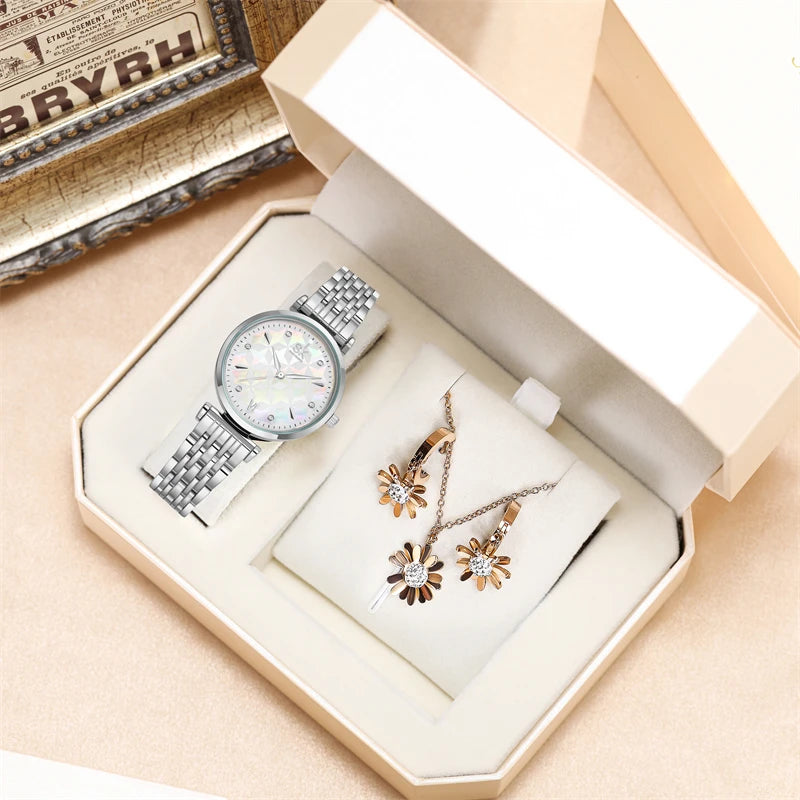 Shengke Women’s Waterproof Quartz Watch Set – Elegant Necklace & Earrings Jewelry Gift Thalia