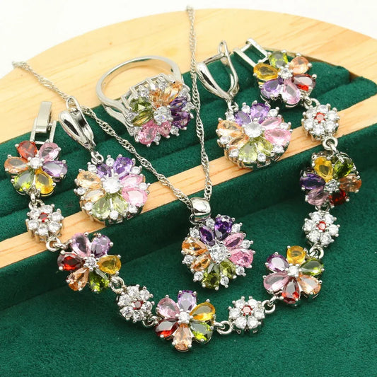 Gold-Plated Silver Wedding Jewelry Set for Women – Multi-Color Zircon Earrings, Bracelet, Pendant Necklace, and Ring Gift Aurelie