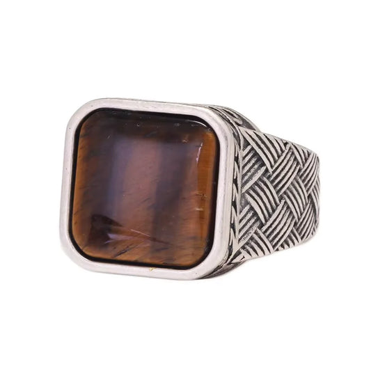 Men’s 925 Sterling Silver Ring with Natural Tiger Eye Agate – Antique Vintage Style
