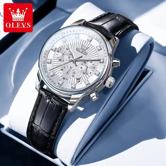 OLEVS 3669 Women's Quartz Watch – Multifunctional Elegant Wristwatch with White Leather Band, Calendar, and Luminous Hands – Perfect Gift for Ladies