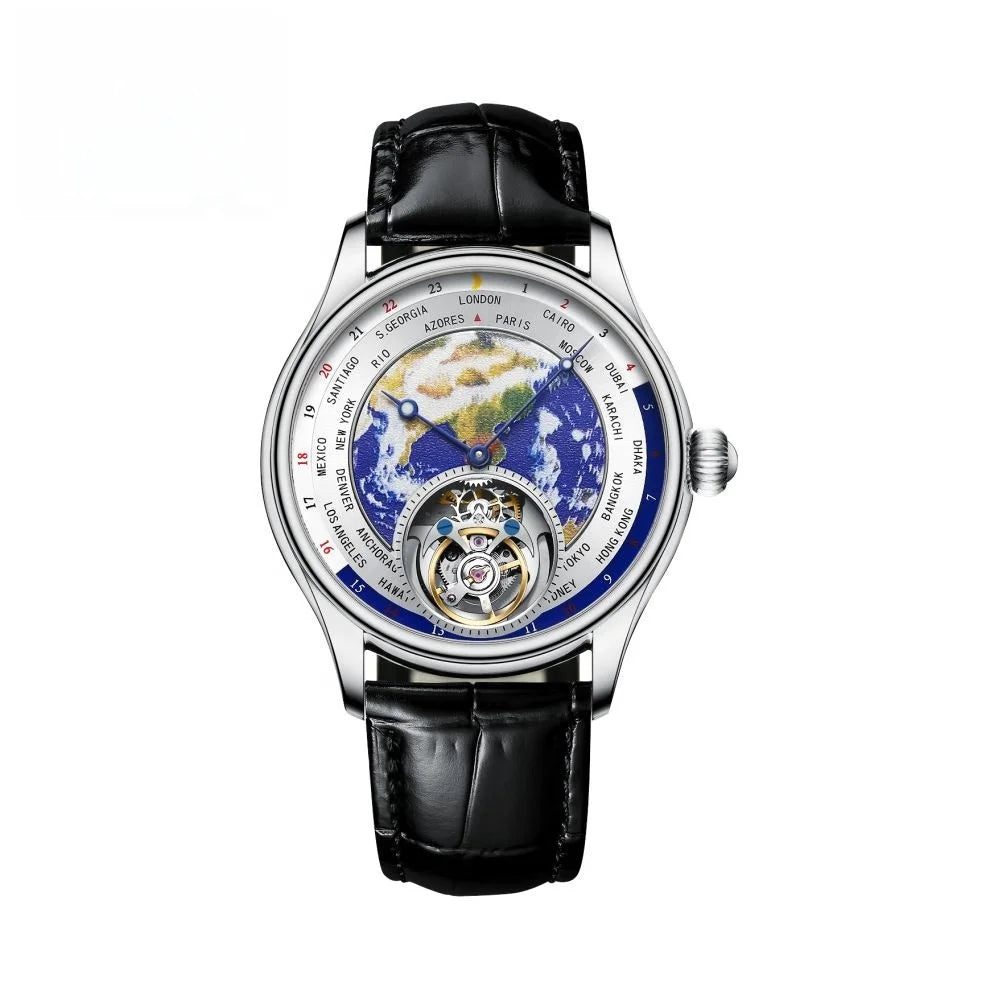 AESOP 7051 Luxury Men's Skeleton Tourbillon Watch – Earth Dial, Automatic Mechanical, Sapphire Crystal, Stainless Steel Case, Leather Strap
