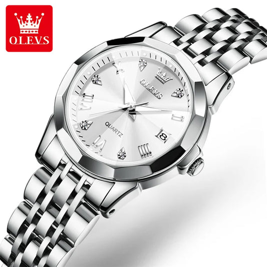 OLEVS 9931 Women's Quartz Watch – Original Luxury Stainless Steel Dual Calendar Waterproof Ladies Wristwatch Sidone