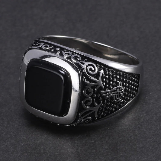 Vintage Punk 925 Sterling Silver Ottoman Tugra Men’s Ring – Square Black Stone, Engraved Retro Floral Design