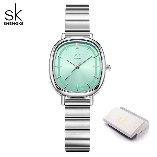 Shengke Women's Fashion Square Quartz Watch – Elegant Gold & Rose Gold Bracelet Watch, Minimalist Stainless Steel Design