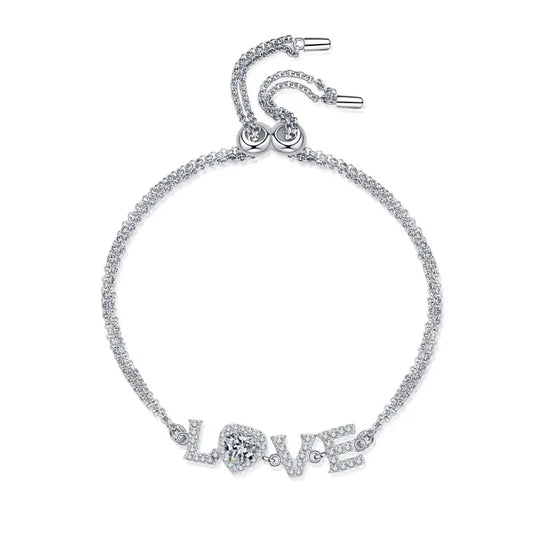 925 Sterling Silver VVS Moissanite Bracelet – Rhodium-Plated Love Letter Design Bangle for Valentine's Day Gifts Greta