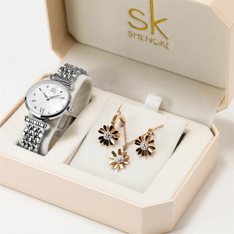 Shengke Women’s Waterproof Quartz Watch Set – Elegant Necklace & Earrings Jewelry Gift Thalia