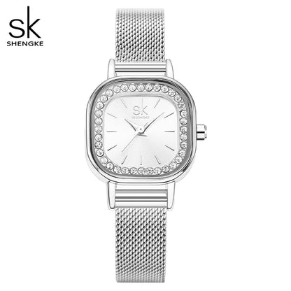 Shengke Women's Luxury Square Dial Quartz Watch – Fashion Black Stainless Steel Mesh Band Wristwatch for Ladies