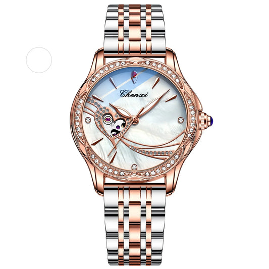 CHENXI 8837 Women's Luxury Diamond Skeleton Watch - Automatic Mechanical Stainless Steel Waterproof Timepiece