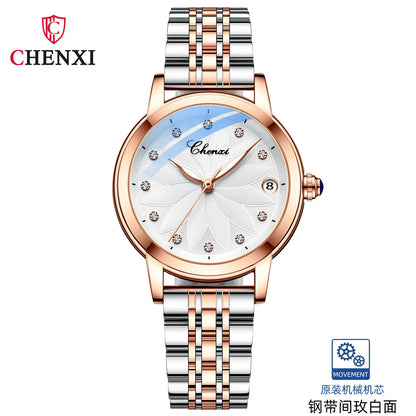 CHENXI 8833 Women's Luxury Automatic Mechanical Watch - Genuine Leather, Diamond Dial, Waterproof, Luminous Calendar