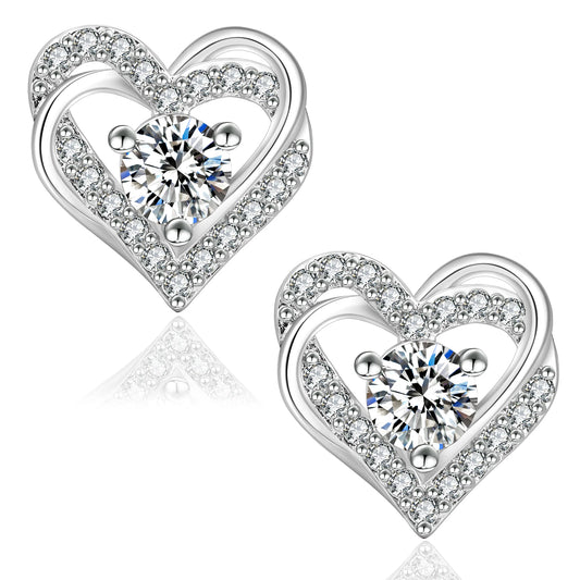 Moissanite Heart Stud Earrings – VVS1 GRA Certified Lab‑Created Diamond, 925 Sterling Silver with 14K White Gold, Hypoallergenic