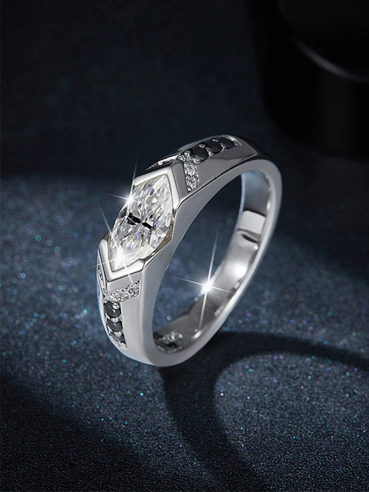 S925 Silver Marquise Rhombus Moissanite Ring – High-End Hip-Hop Style with Black and White Contrast, Perfect for Couples