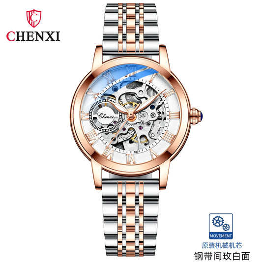 CHENXI 8831 Women’s Casual Rose Gold Skeleton Watch – Fully Automatic Mechanical Wristwatch with Luminous Steel Band