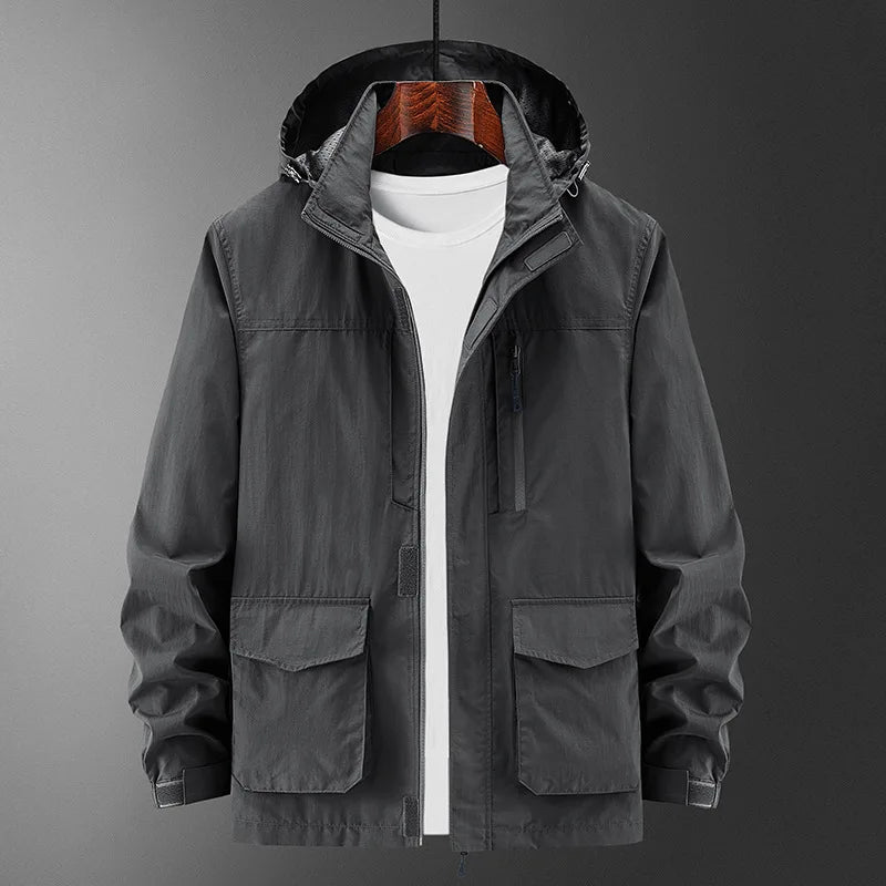 Men's Outdoor Hooded Cardigan Jacket - Lightweight Multi-Pocket Solid Color Casual Jacket Eragon